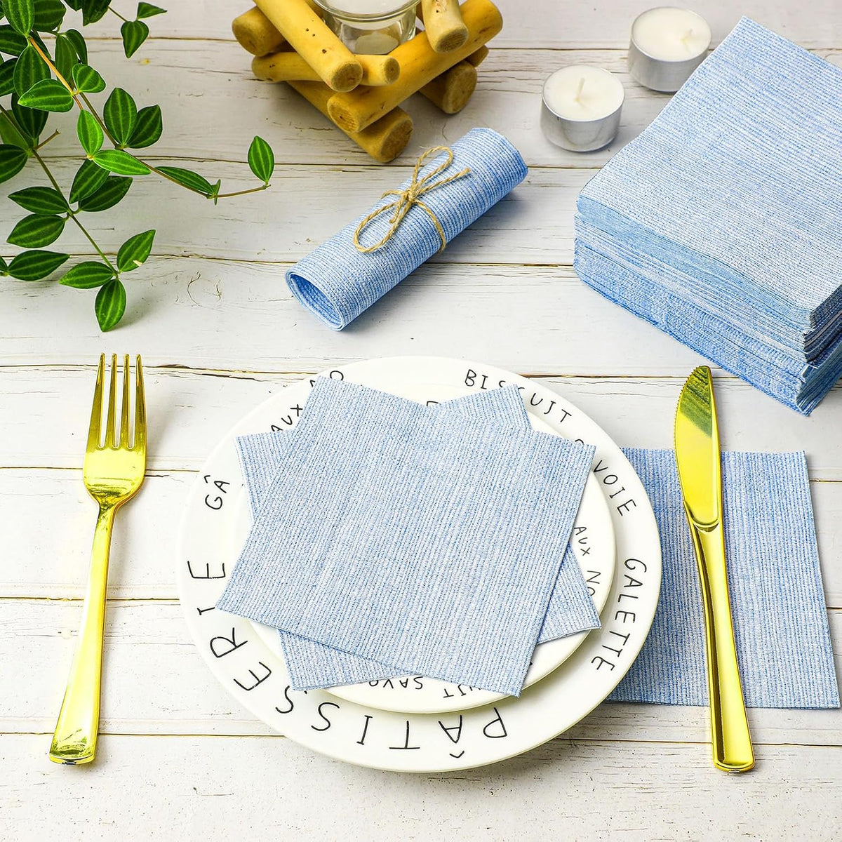 100 Pack Blue Linen Cocktail Napkin 10x10 Inch Disposable Napkins