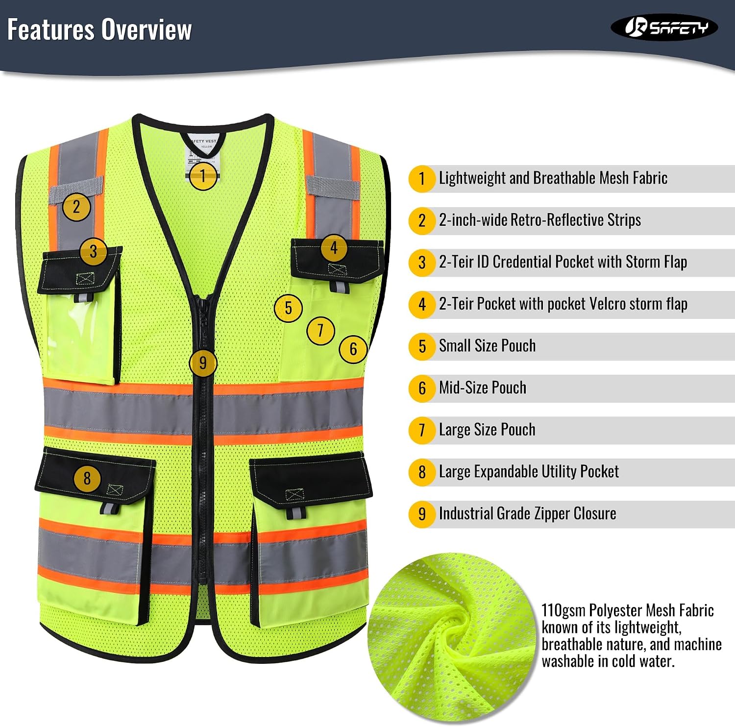 Safety Vest for Men Women Hi Vis Reflective Vest JK220 Yellow XL | ANSI Class 2, 5 utility Pockets 4 Reflective