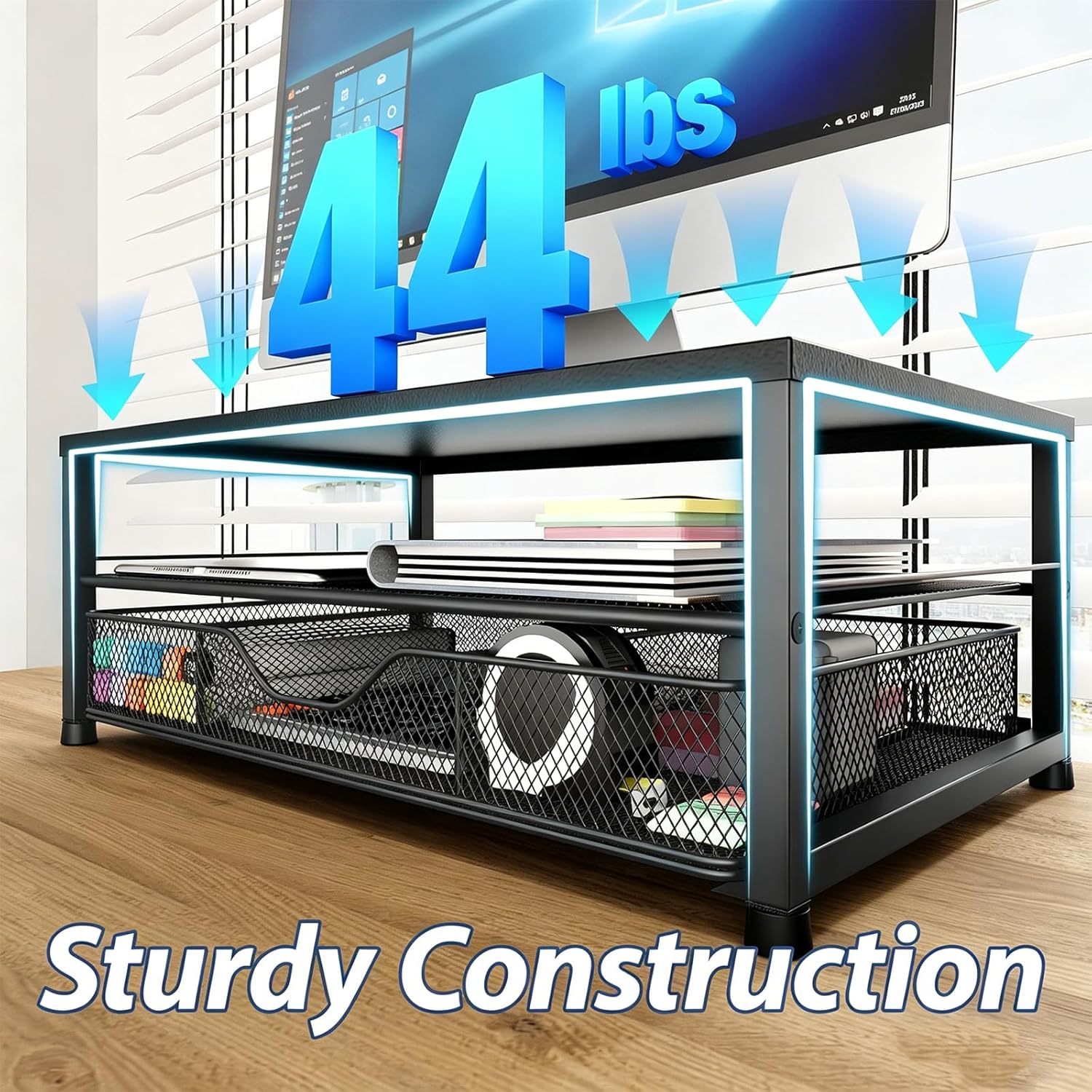 Desk Organizer and Accessories, 2-Tier Computer Monitor Stand Riser with Drawer and 2 Pen Holders, Laptop Stand