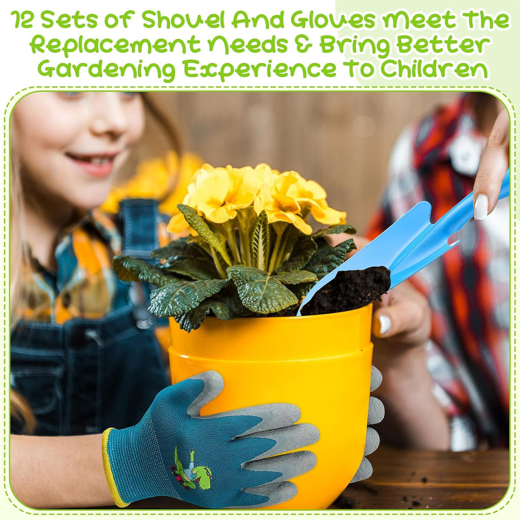 24 Pcs Mini Colorful Metal Hand Shovel and Glove Set Shovel Spade Gloves Digging Trowel Set Kids Gardening Gloves 12
