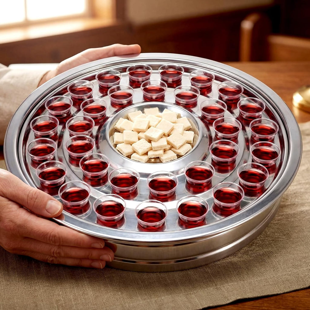 1 Pcs Holy Communion Trays House up 32 Cups Sliver Tary Church Supplies Stainless Steel Portable Communion Plates Set