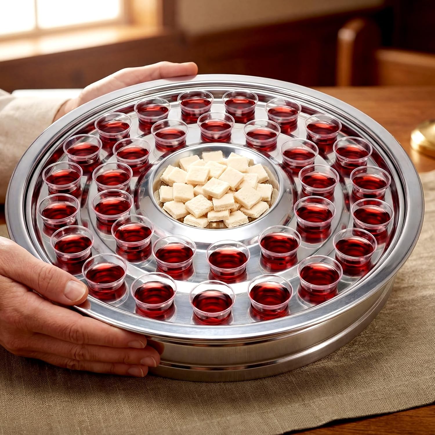 1 Pcs Holy Communion Trays House up 32 Cups Sliver Tary Church Supplies Stainless Steel Portable Communion Plates Set