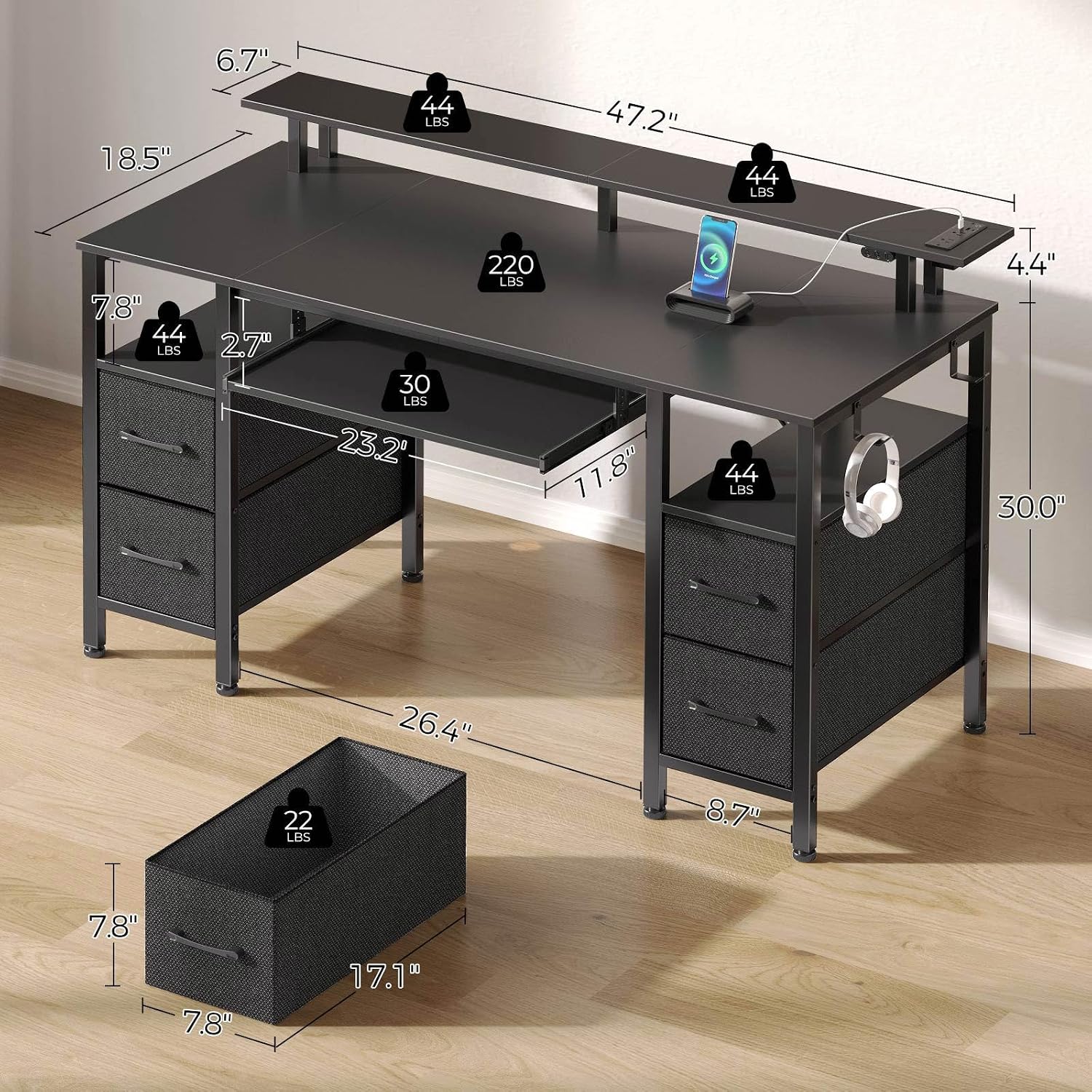 Computer Desk 47.2" with LED Lights & Power Outlets, Home Office Desk with 4 Drawers, Writing Desk with Keyboard