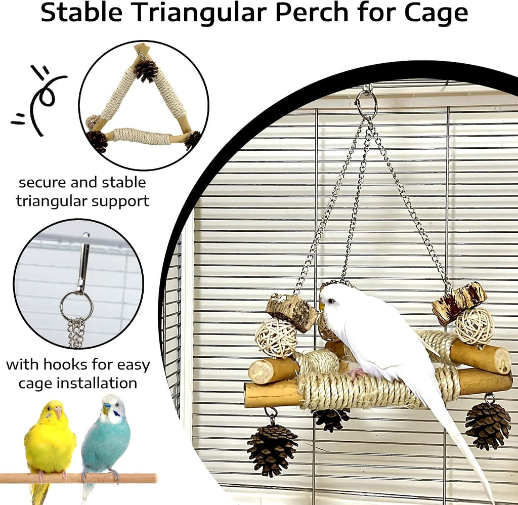 Bird Swing for Cage with Chew Toys, 3 Sisal-Wrapped Stable Perches(S) | Stable Triangle Design Parrot Perch Swing