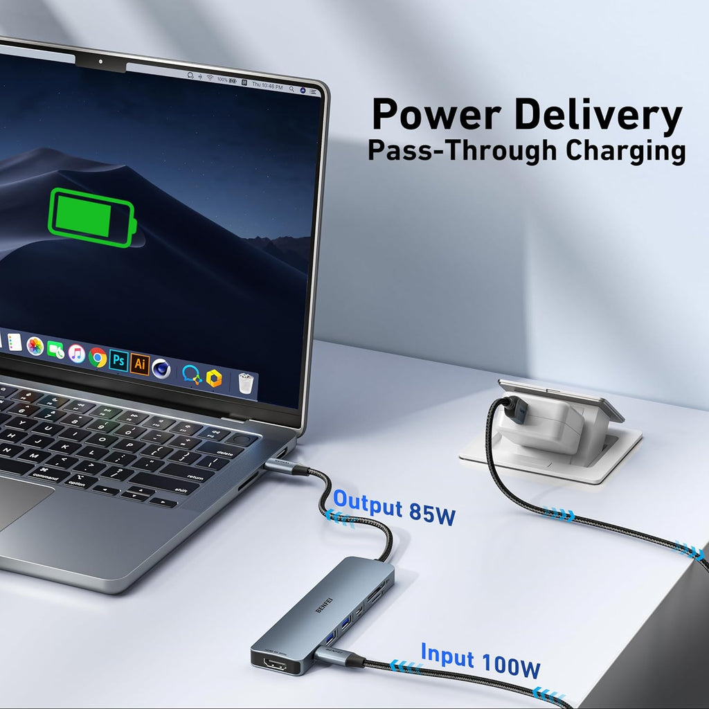 7-in-1 USB C Hub with HDMI(4K@60Hz), 2 USB-A, 1 USB-C Data, 100W Charge, SD/TF Card Reader, Silicone Tangle-Free