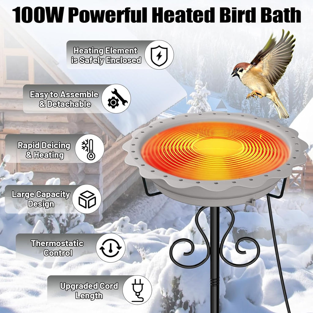 Heated Bird Baths for Outdoors, 100W Heated Birdbath Outside Winter, Gray
