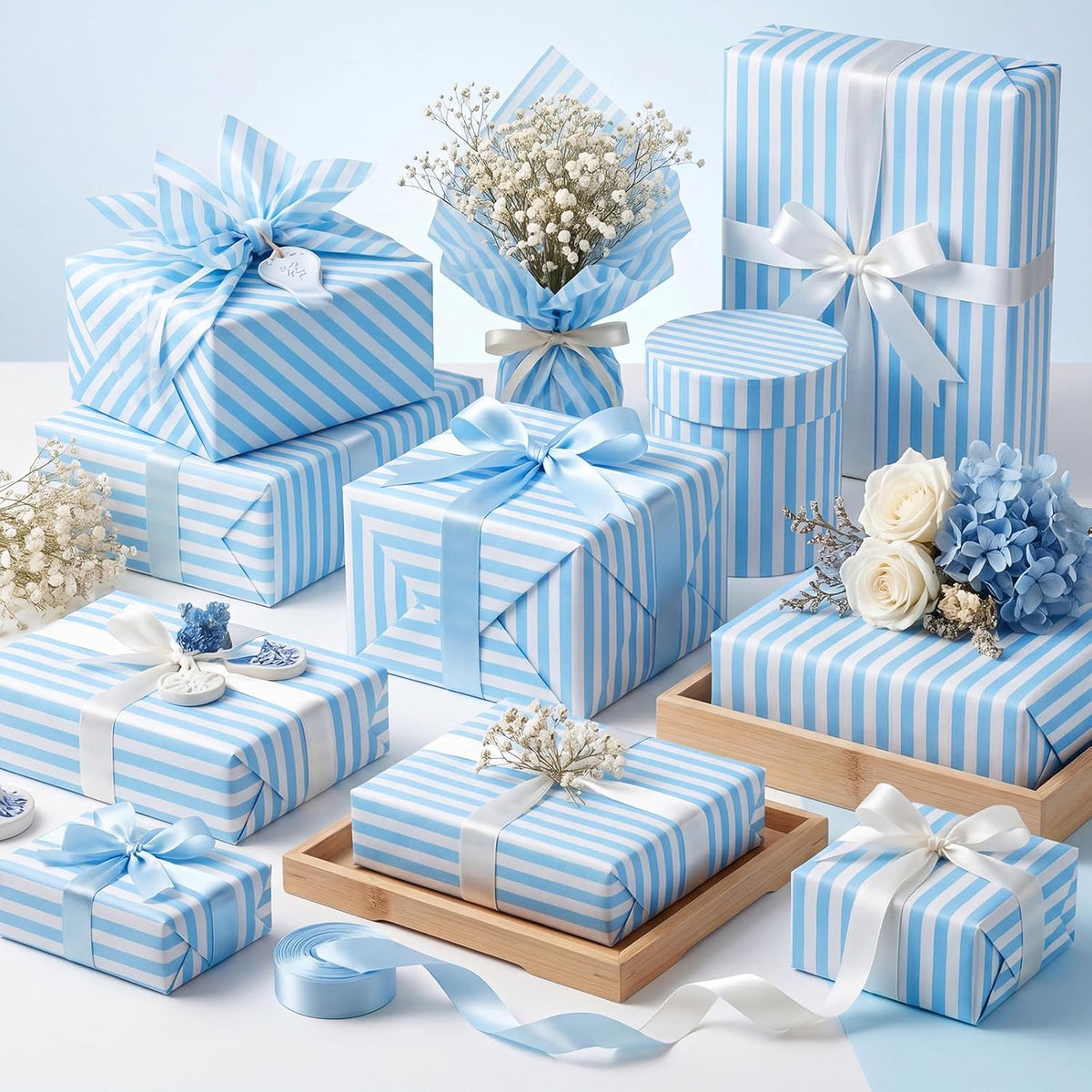 Light Blue Tissue Paper for Gift Bags 20 x 14 Inch Blue Pin Stripe