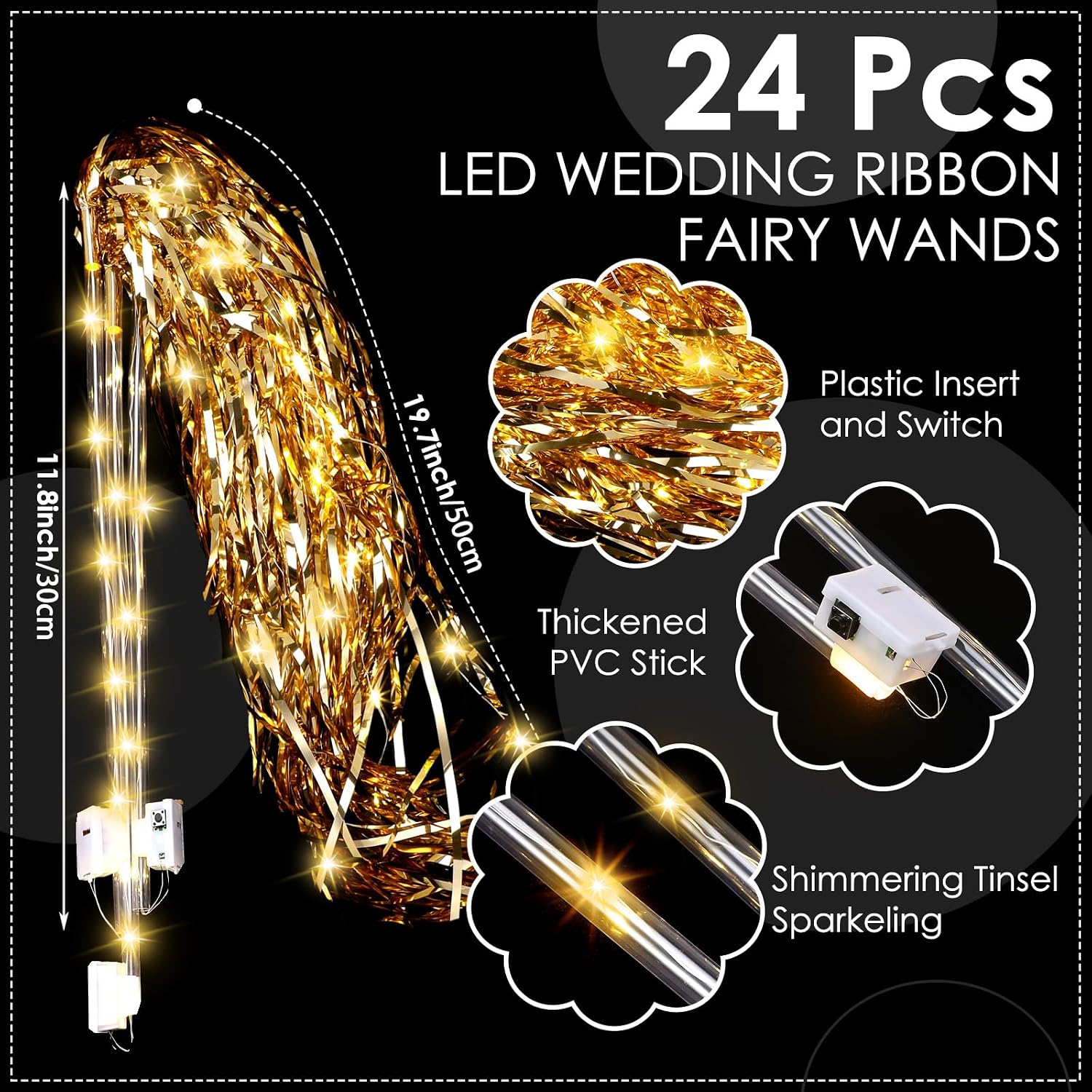 24 Pcs Lighted Wedding Wands LED Tinsel Wedding Light up Wands Streamers Sparklers Send Off and Exits Props Birthday
