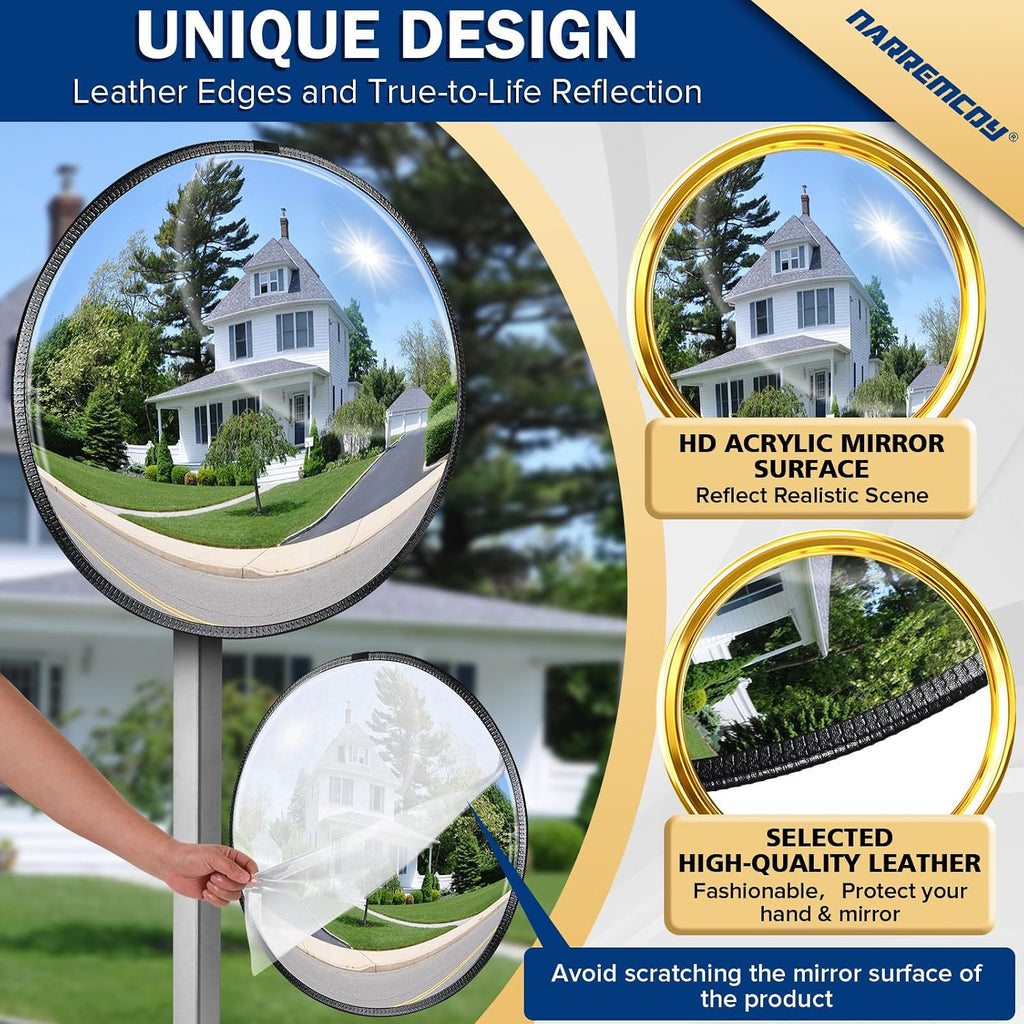 New Upgraded 22" HD Convex Mirror | 160° Adjustable Wide Angle View, Leather Frame & ABS Back, Traffic Mirror for
