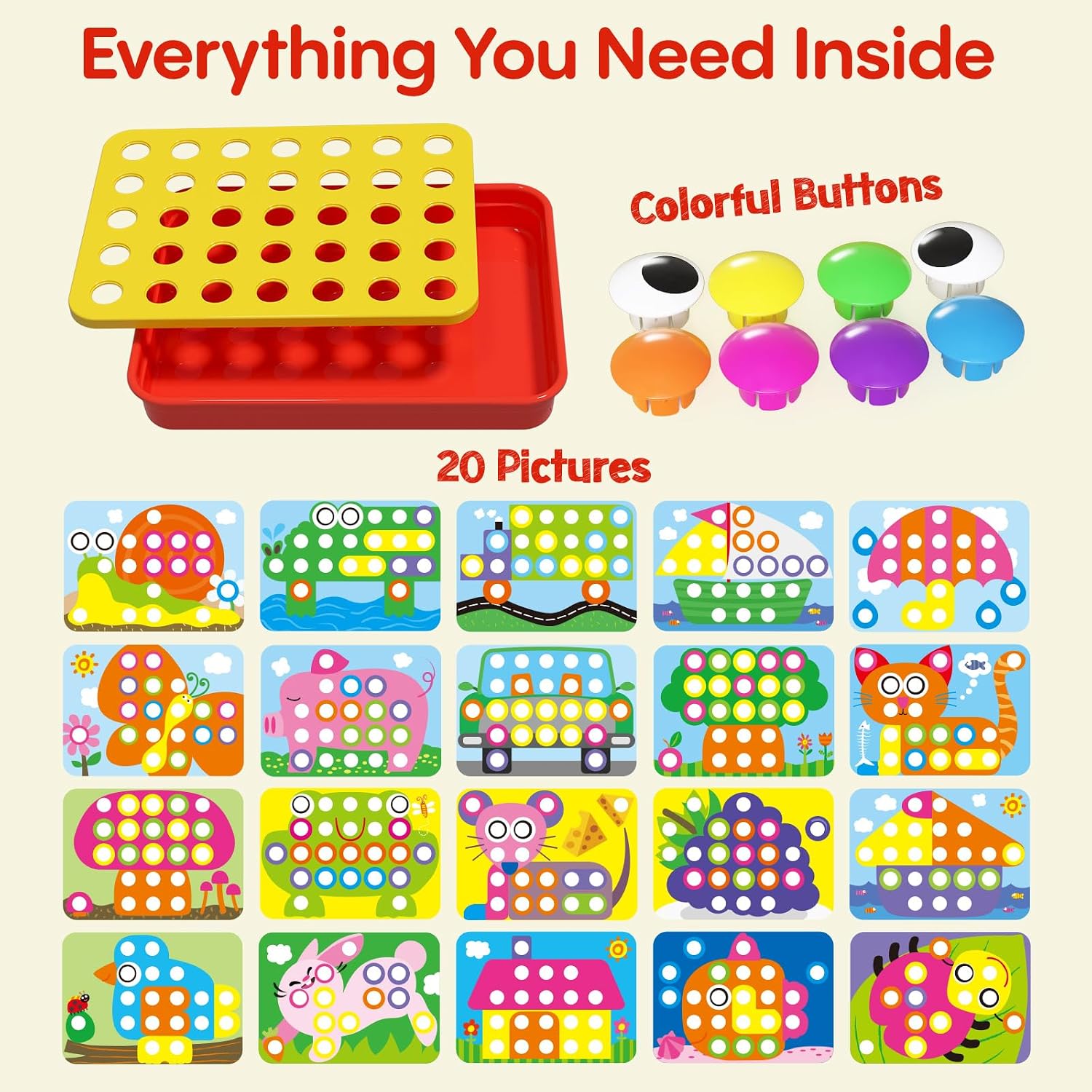 Button Art Toy, Color Matching Pegboard for Kids Ages 3+ | Educational Button Art Activity with Color Matching