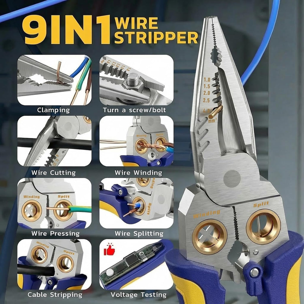9 in 1 Rechargeable Wire Stripper, AWG 10-18, NCV Tester | USB-C Charging, Audible and Visual Alerts, 1-Hand Lock