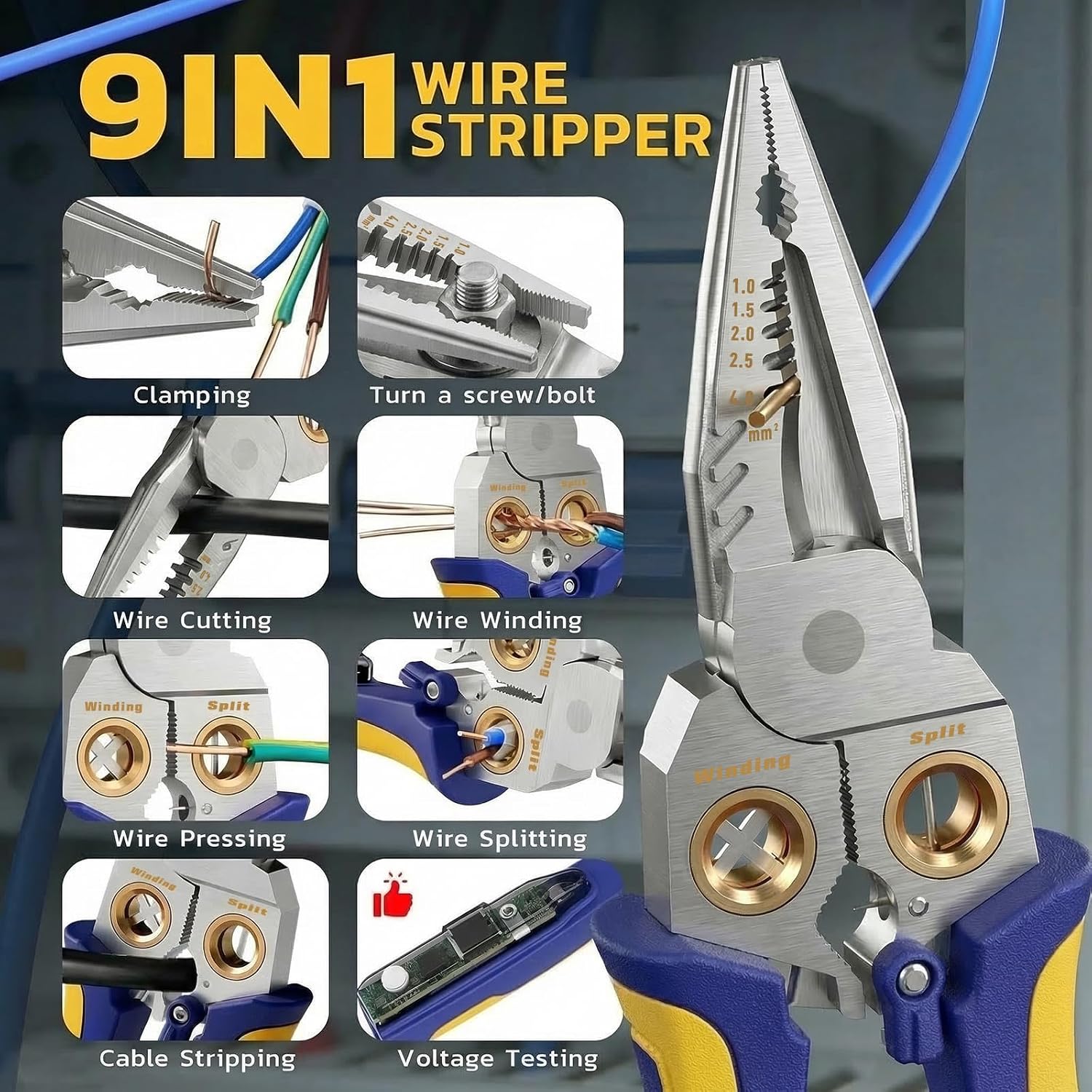 9 in 1 Rechargeable Wire Stripper, AWG 10-18, NCV Tester | USB-C Charging, Audible and Visual Alerts, 1-Hand Lock