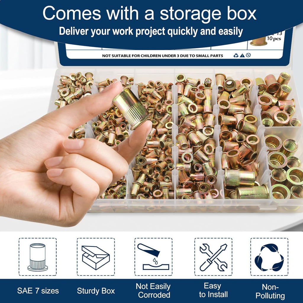SAE Rivet Nut Assortment Kit, 880Pcs #6-1/2 Zinc Plated Rivnut Insert