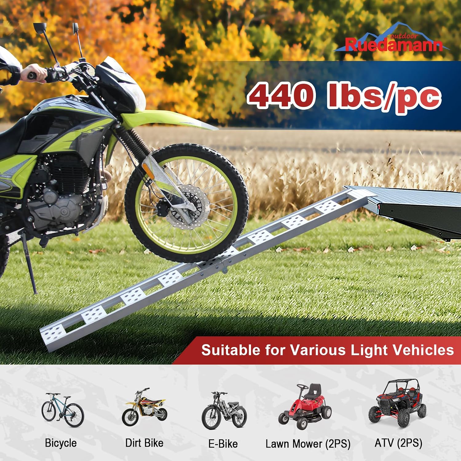 1PC 6FT Folding Aluminum Motorcycle Ramp, 440 lbs Capacity | 8" Wide Portable Dirt Bike Ramp for Truck Bed Loading