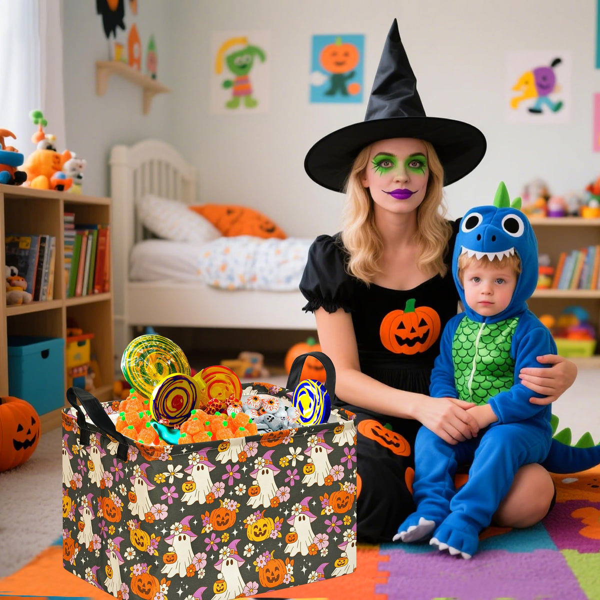 Halloween Pumpkin Ghost Storage Basket, Foldable Toy Organizer Bin
