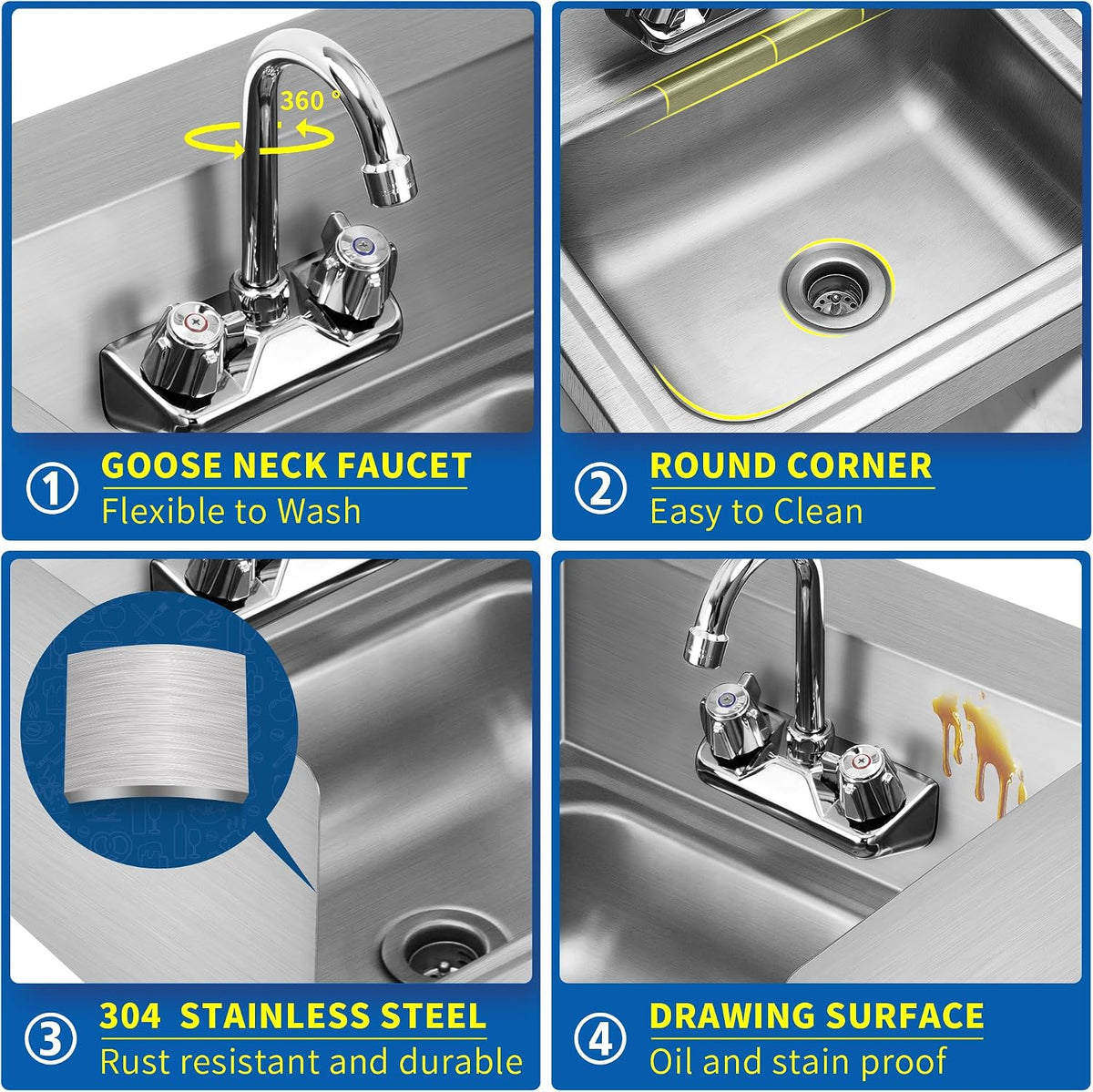 NSF 17" x 15" Hand Sink, Stainless Steel Wall Mount, Side Splashes