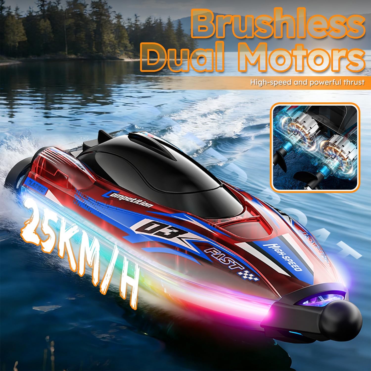 RC Boat for Kids, Brushless Remote Control Boat with LED Light,25KM/H 2.4GHz Racing Speed Boats with 2 Batteries