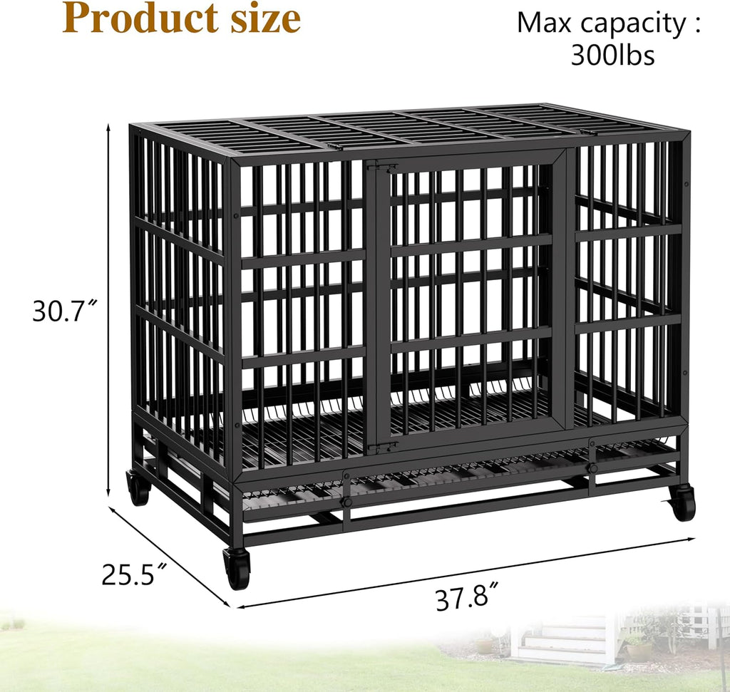 JY QAQA Heavy Duty Dog Crate, 38 Inch Indestructible Metal Kennel with Double Doors, Escape Proof Cage for Large Dogs