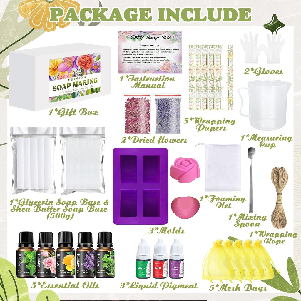 Soap Making Kit, Soap Making Kit for Adults - Shea Butter Glycerin Melt and Pour Soap Base, Molds, Dye, Fragrances