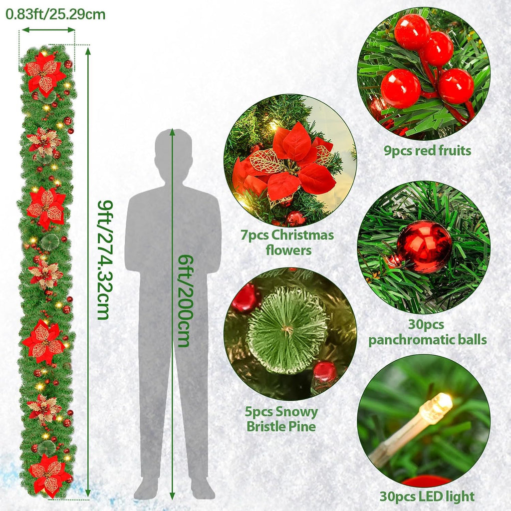 Christmas Garland, 9FT/2.7M Xmas Garland with Lights for Front Door, Christmas Tree Decorations, Mantle, Home