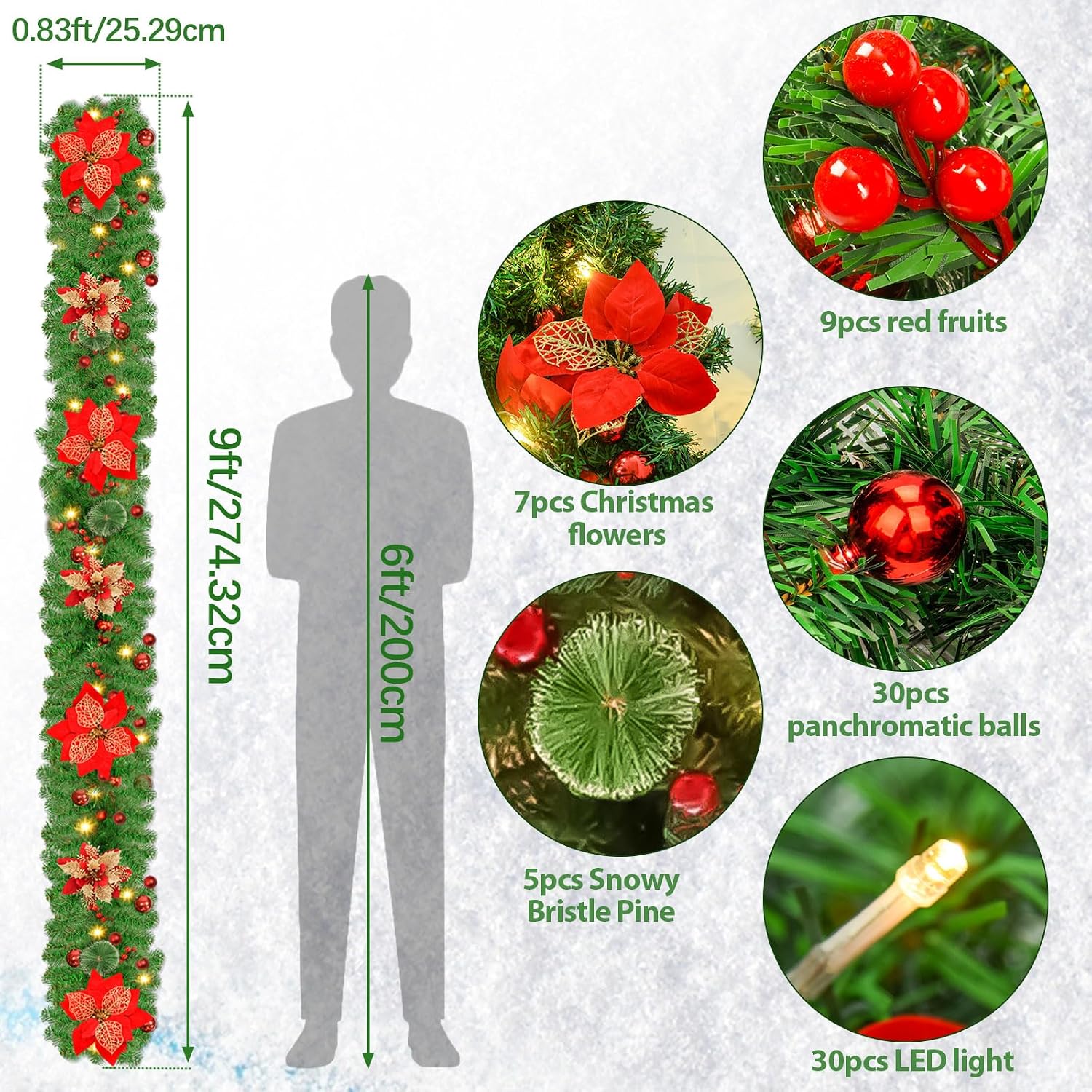 Christmas Garland, 9FT/2.7M Xmas Garland with Lights for Front Door, Christmas Tree Decorations, Mantle, Home