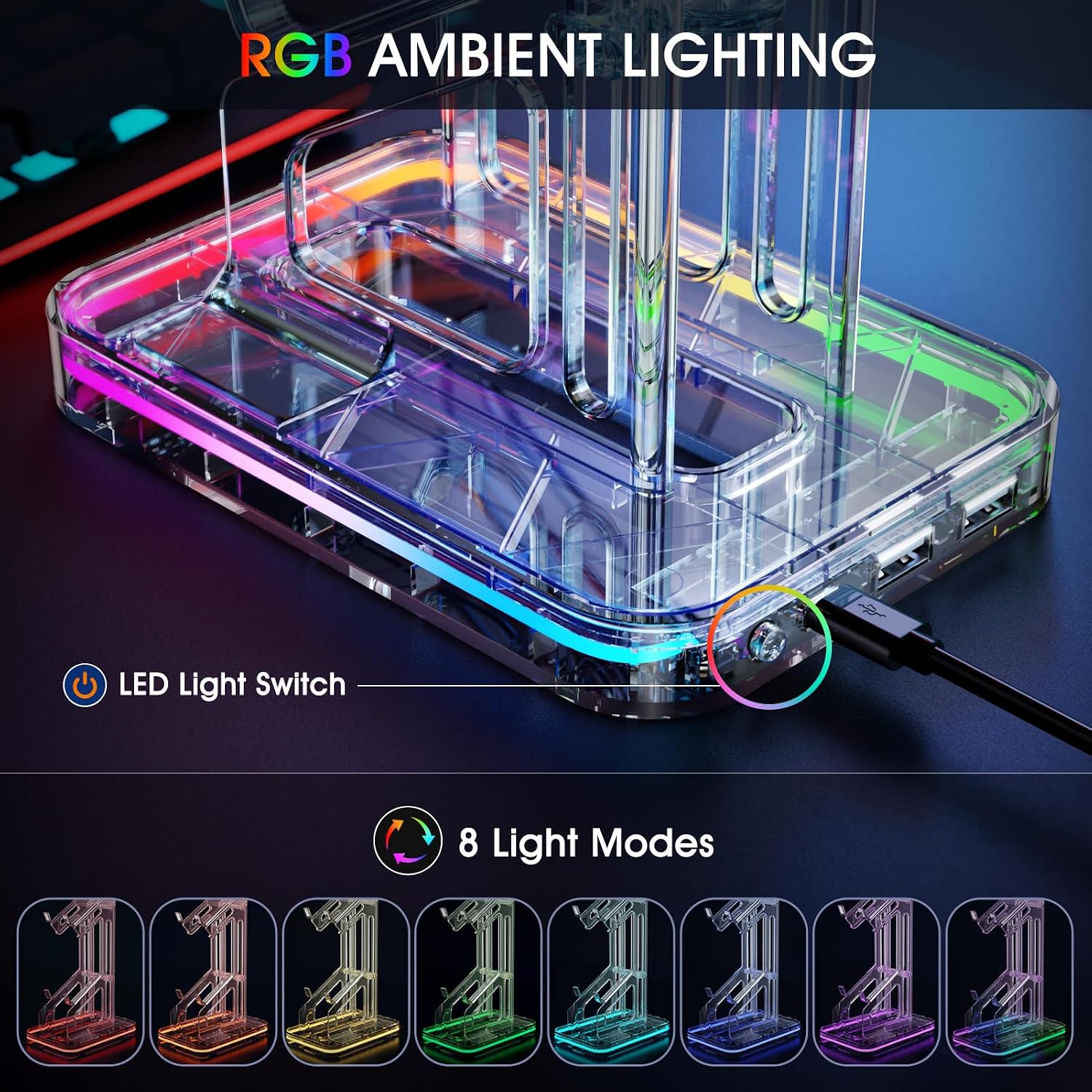Gaming Headphones Stand, RGB Headset Stand with 2 USB Charging Ports, Dual Controller Holder with Light Modes