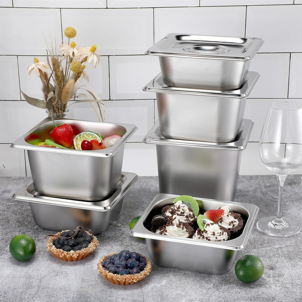 12 Pack 1/6 Size Stainless Hotel Pans with Lids
