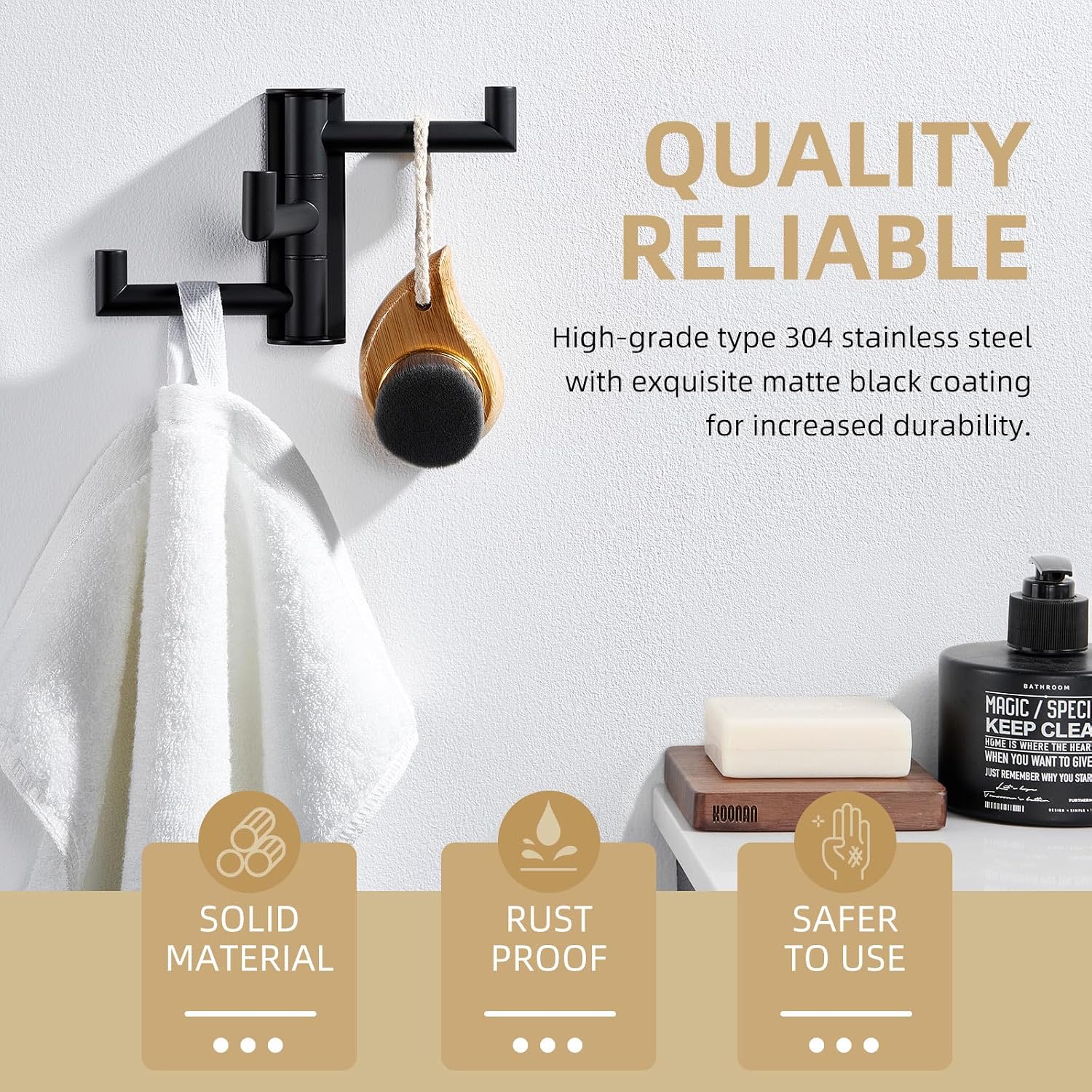 Swivel Towel Hook 3 Arms, Robe Coat Wall Hook, Matte Black | SUS304 Stainless Steel, Foldable Hand Bath Towel Holder