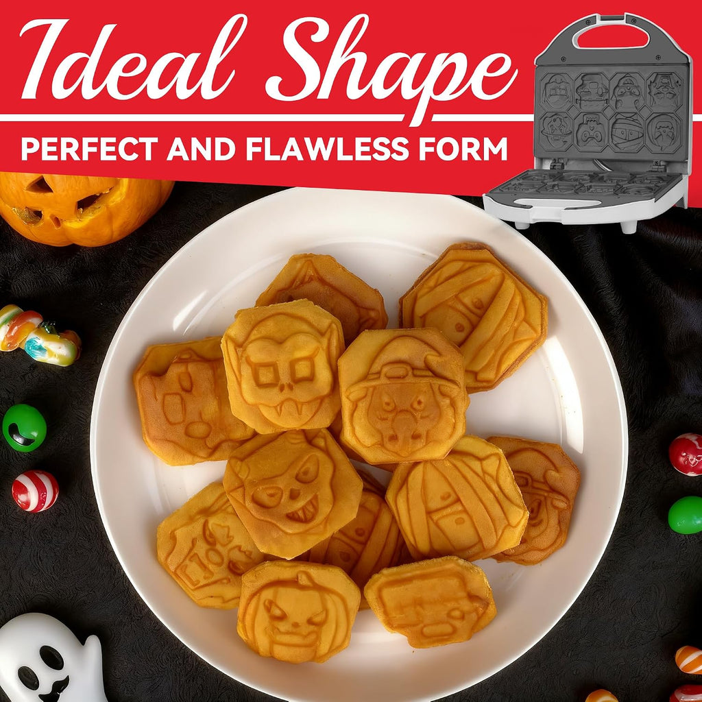 Spooky Mini Waffle Maker for Kids, Mini Pancake Maker Machine, Electric Small Waffle Iron, 8 Fun Character Waffle