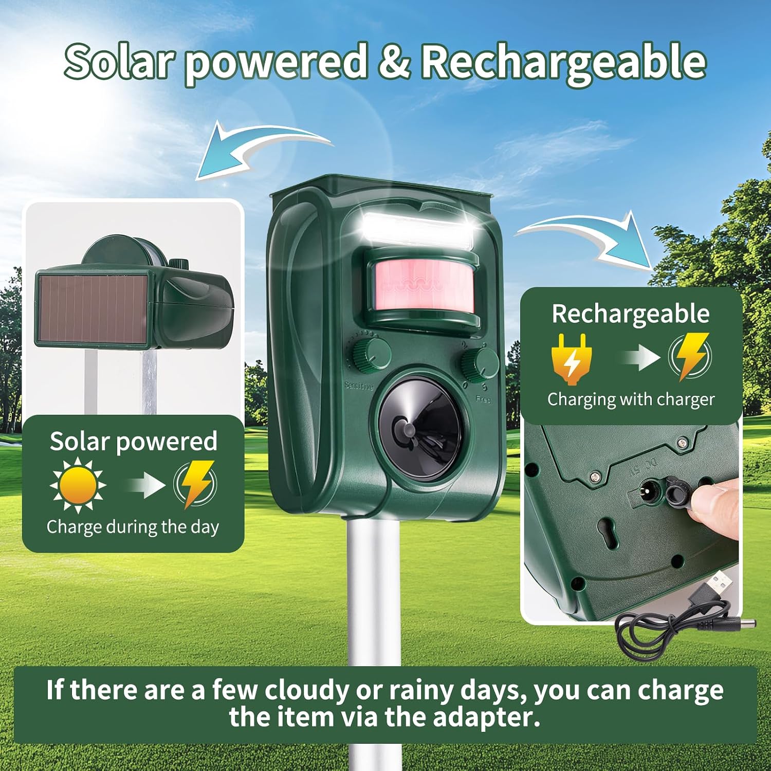 Adjustable-Mode Solar Ultrasonic Animal Repellent, Squirrel Deer Cat Raccoon Repellent Device, Outdoor Waterproof