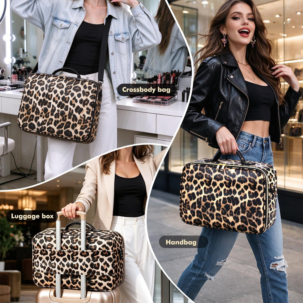 Makeup Bag with Mirror and Light, 15"X11" Large, Leopard Print PU Leather