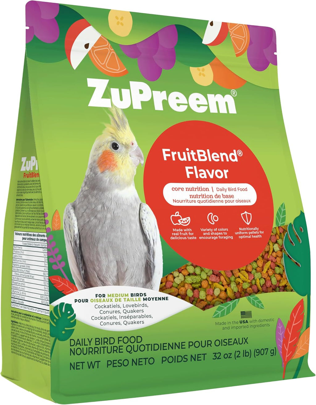 FruitBlend Cockatiel & Conure Food, Uniform Bird Food, M, 2 lb | Bird Food Pellets, Real Fruit, Blend, Cockatiel