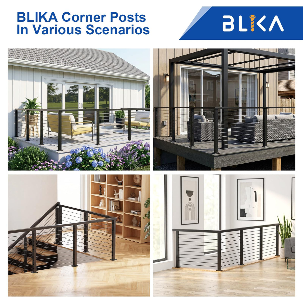 2Pack 36" Black Cable Railing Corner Post, 3-Side Drilled Corner Post