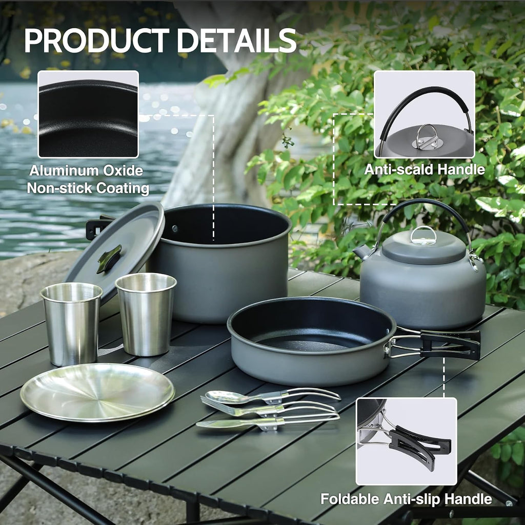 6/10/11/12/14/15/19 PCS Camping Cookware Mess Kit Camping Gear Campfire Utensils Lightweight Stackable Pot Pan Bowls