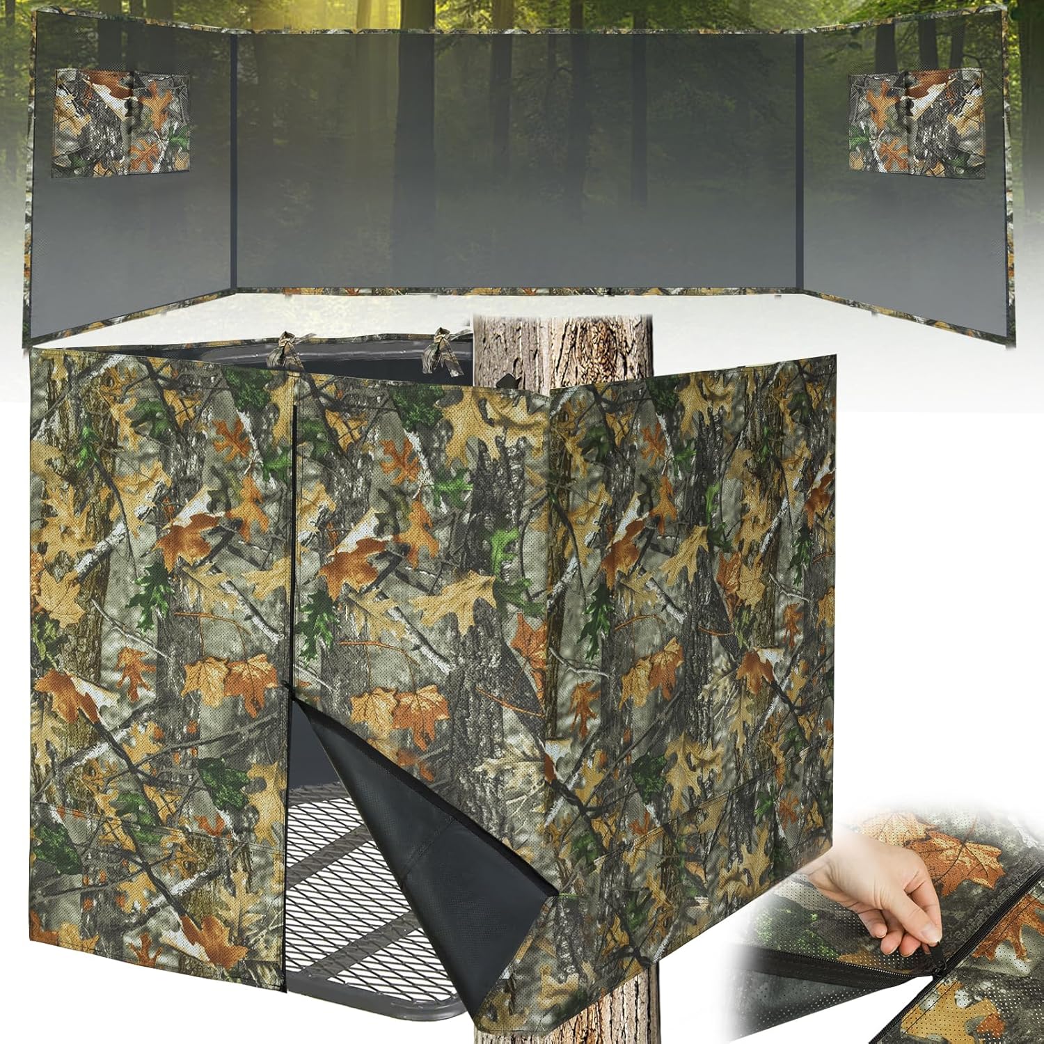See Through Hunting Tree Stand Blind Kit, 102"/142" x 35" Visible 2 Man Ladder Stand Blinds Treestand Camo Blind