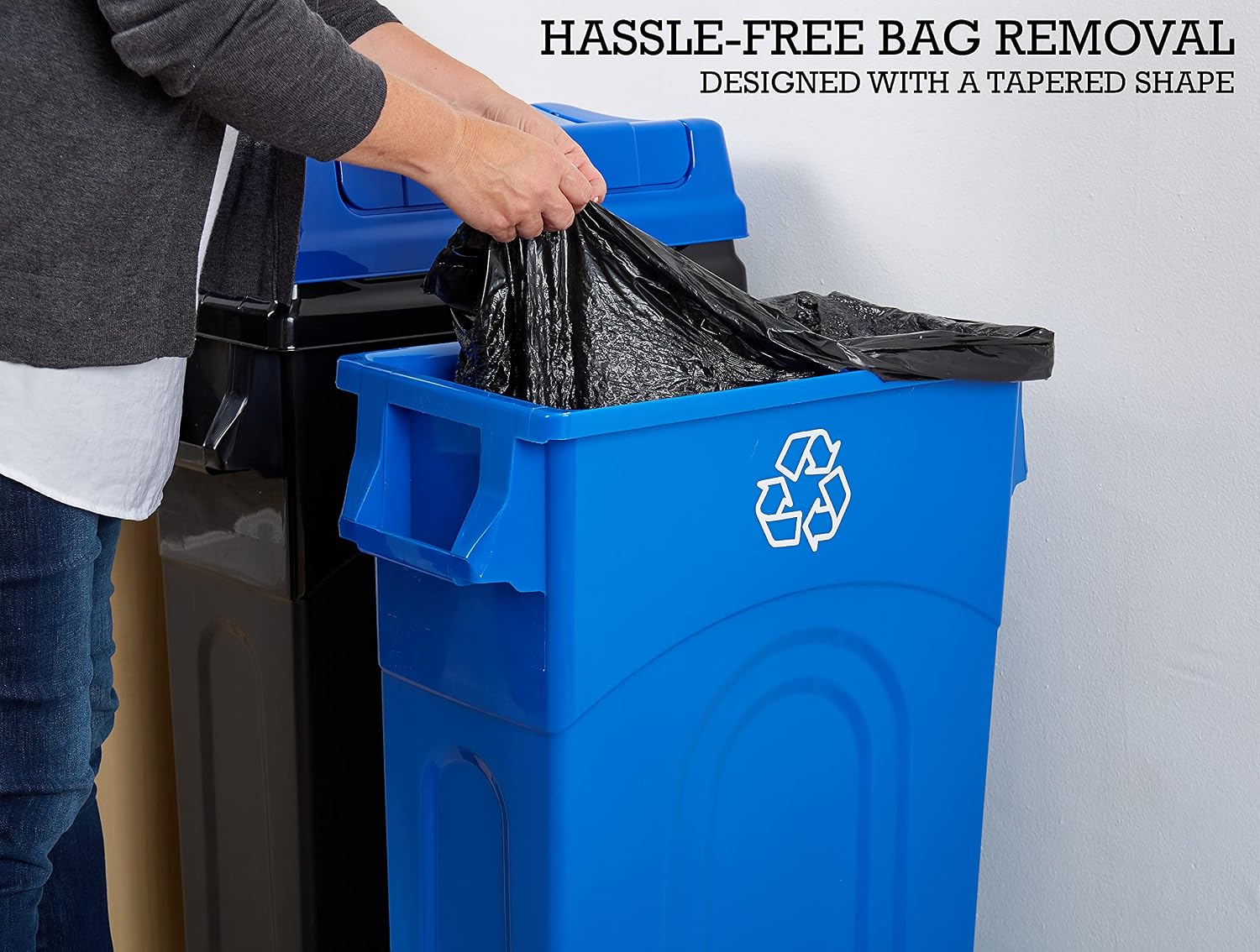 23 Gallon Highboy Plastic Recycling Bin Kitchen Trash Can with Lid, Pass Through Handles, and Dustpan Edge, Blue