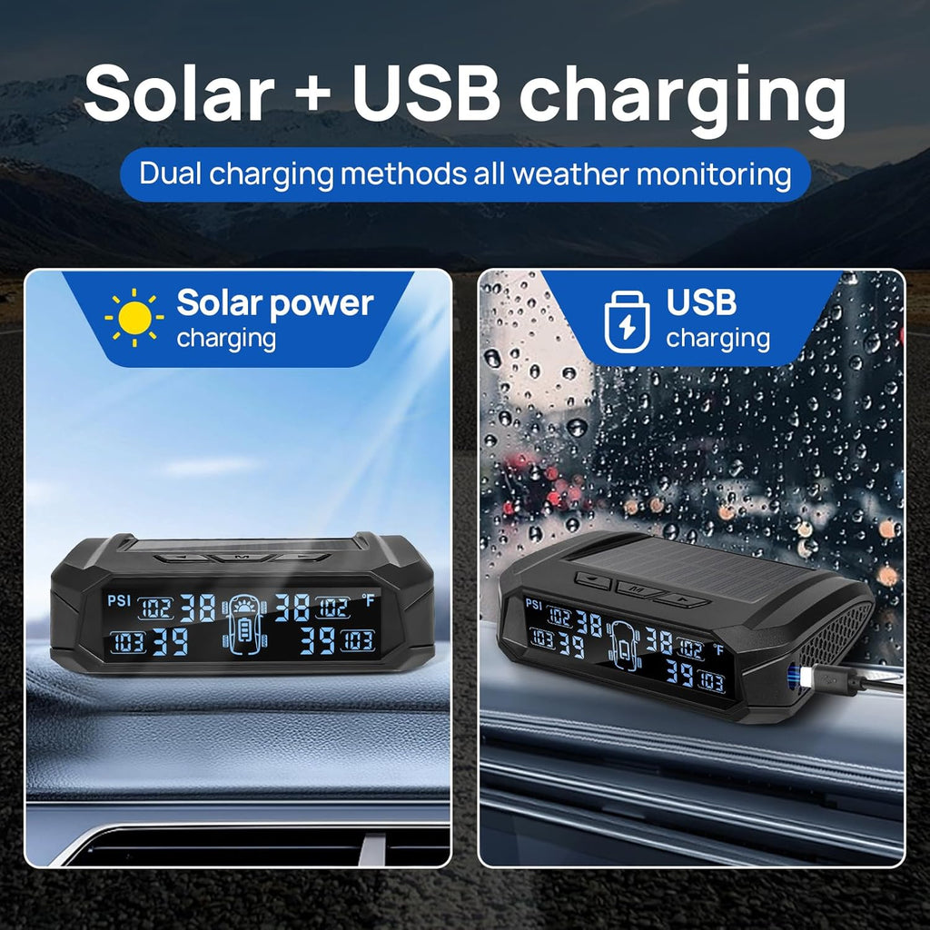 RV Tire Pressure Monitoring System,TPMS with 4 Tire Pressure Sensors | Solar Charger, 6 Alarm Modes, 0-99 PSI for