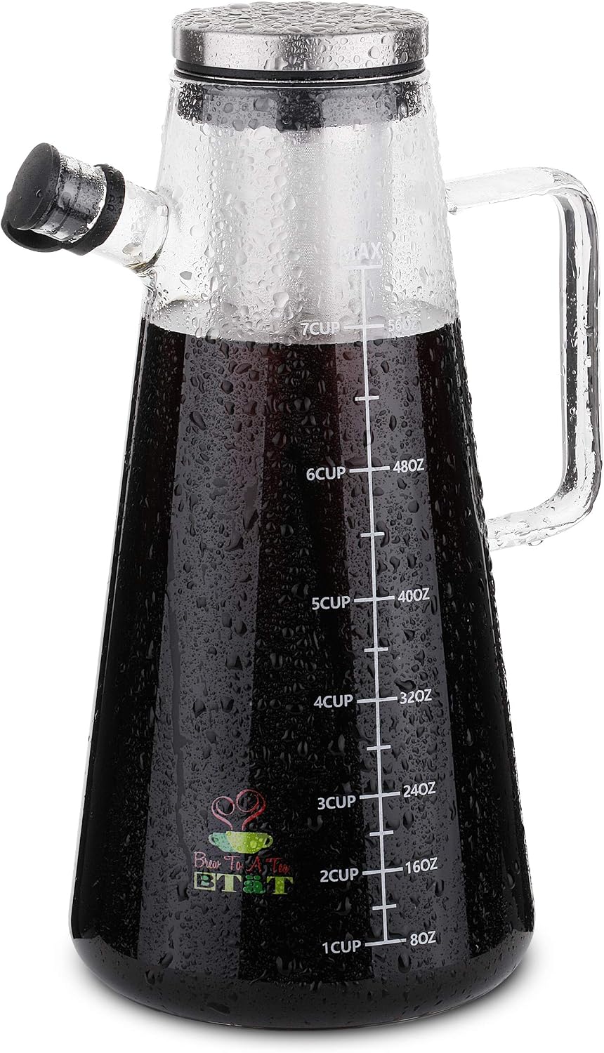 BTaT- Airtight Cold Brew Coffee Maker Pitcher, 2 Liter / 64 oz | Iced Tea Maker with Spout Brewing Glass Carafe