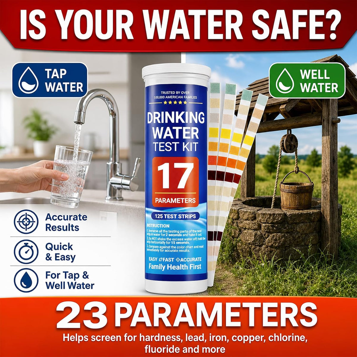Water Test Kit for Drinking Water, 23-in-1 Water Test Strips for Tap & Well Water, Tests Hardness, Lead, Iron