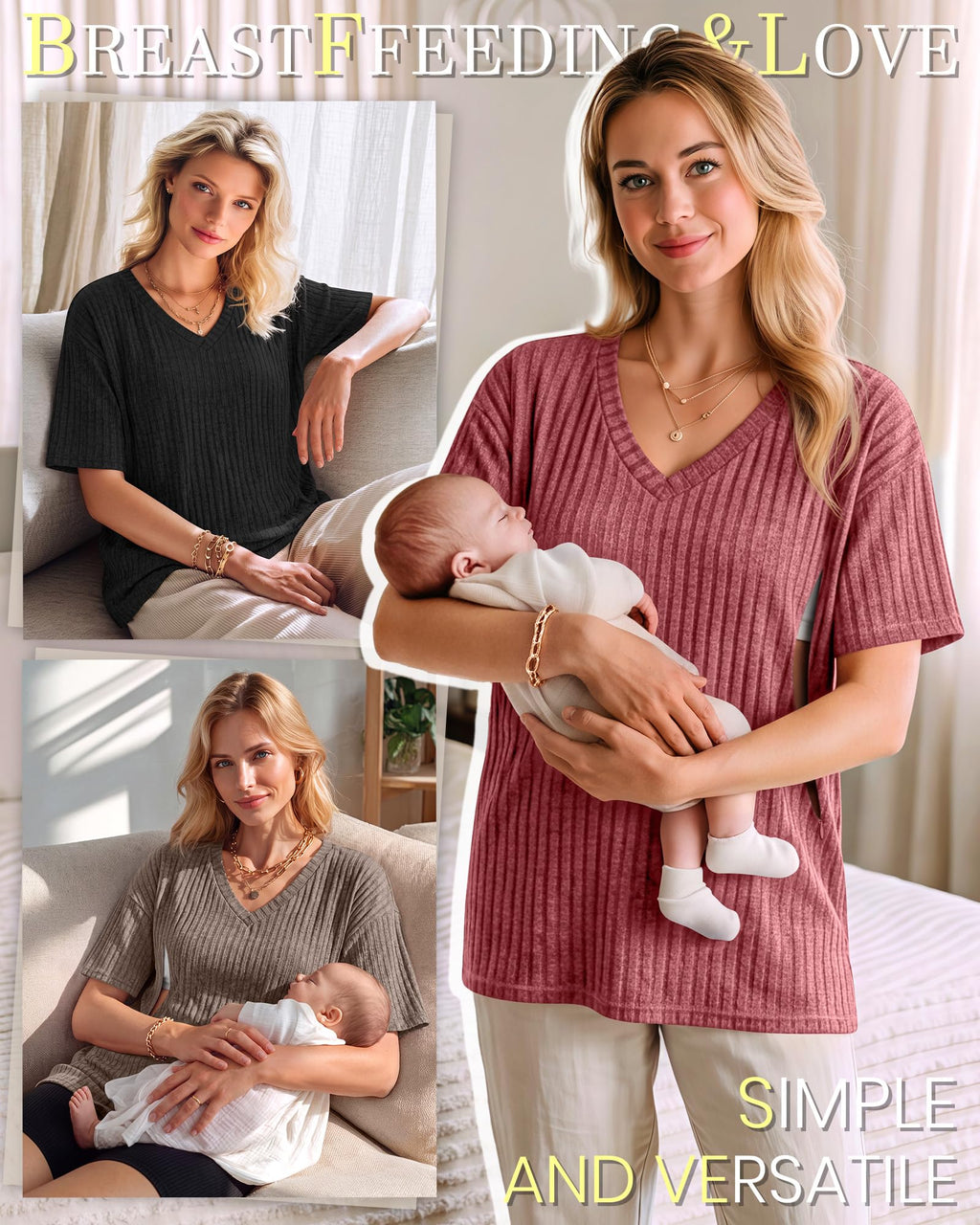 3 Pack Women's V Neck Nursing T-Shirts, 3-Color, Large