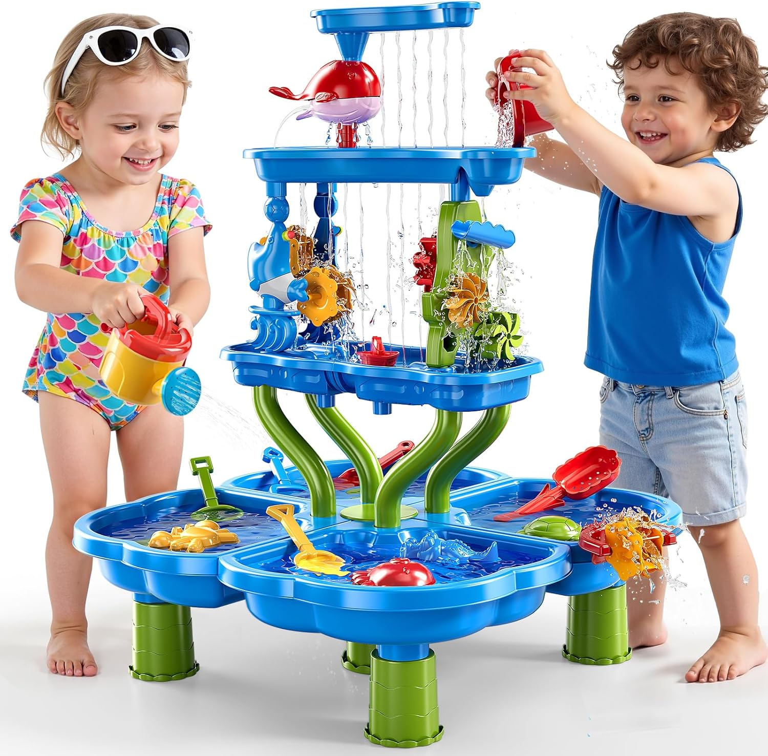 4-Tier Water Table for Kids 3-5, Summer Outdoor Beach Sensory Activity Playset Kids Sand and Water Table Toys