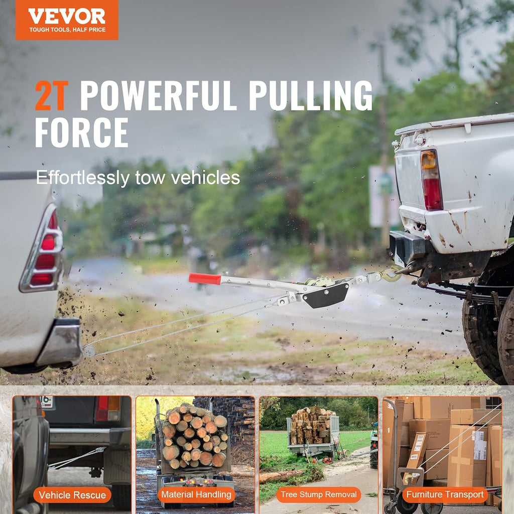 Come Along Winch, 2 Ton (4,409 lbs) Pulling Capacity, 12 ft Steel Cable, 2 Hooks, Heavy Duty Ratchet Power Puller