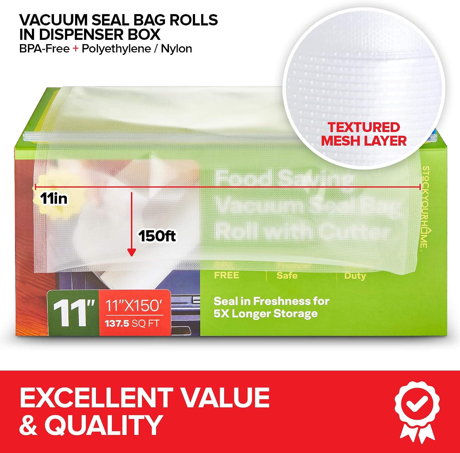 11x150 Inch Vacuum Seal Bags, Rolls in a Box with Customizing Cutter, 11 Inch Rolls for Freezing, Sous Vide and