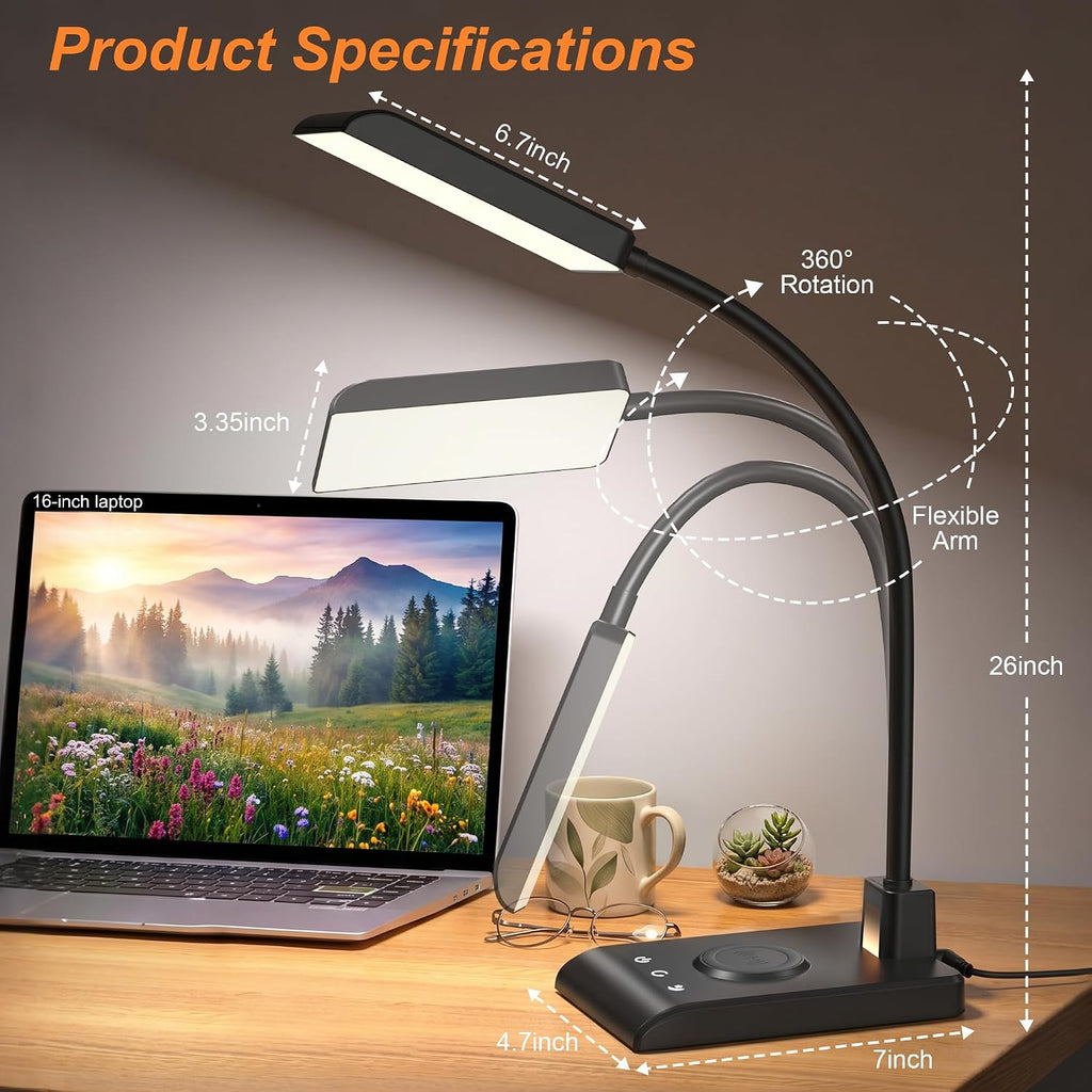 Desk Lamp with Wireless Charger, Desk Lamps for Home Office Night Light | 3 Color Modes with Stepless Dimming, CRI