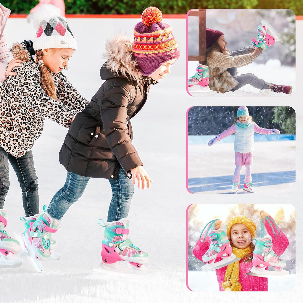 Adjustable Ice Skates for Kids Boys Girls - Warm Fleece Lined, 4 Size Adjustable Beginner Snowflake Blades Ankle