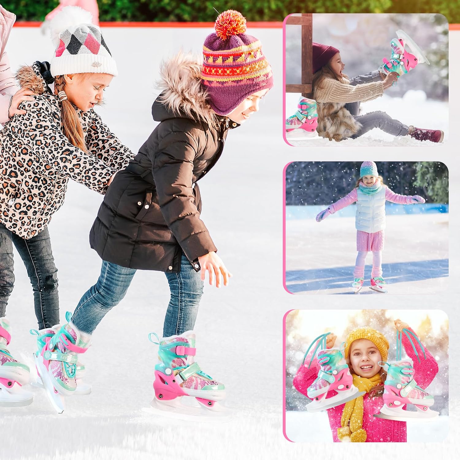 Adjustable Ice Skates for Kids Boys Girls - Warm Fleece Lined, 4 Size Adjustable Beginner Snowflake Blades Ankle
