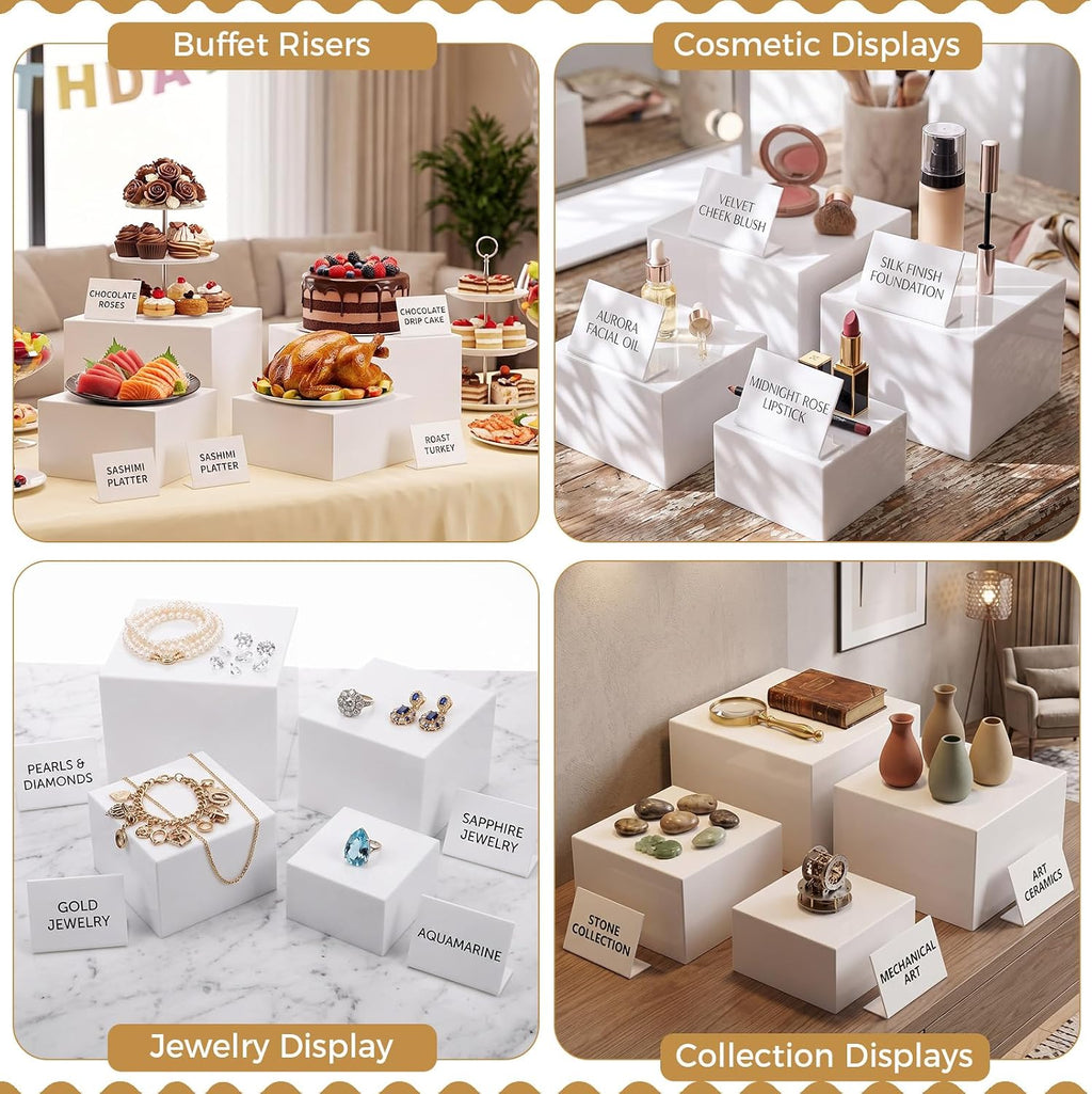 8 Pcs White Acrylic Buffet Risers with Mini Sign Marker(5" 6" 7" 8") | Food Dessert Display Stand, Decorative Cube Box