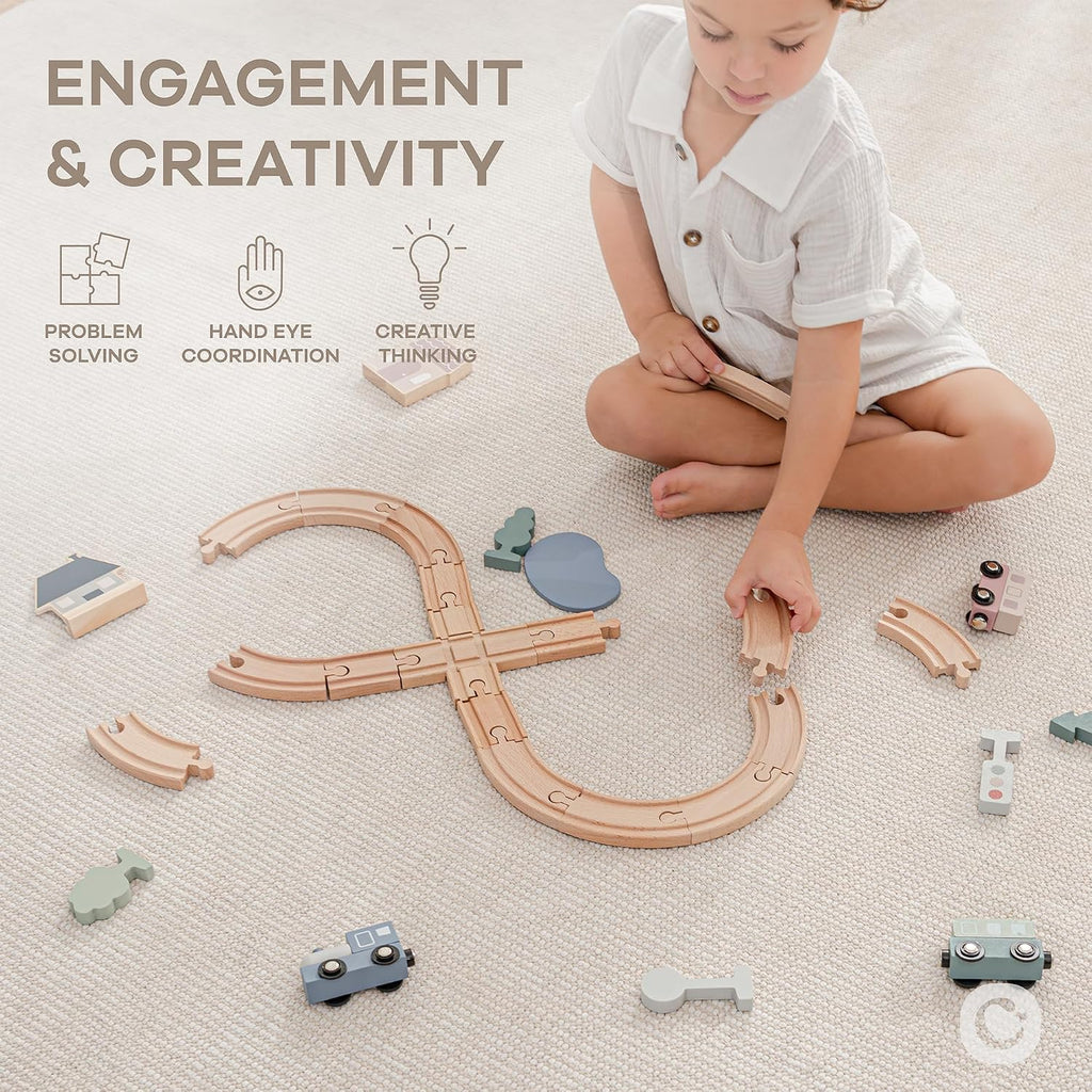 30-Piece Wooden Train Set for Toddlers Ages 1+, Fun & Eco Friendly Toddler Train Set with Wooden Toy Tracks