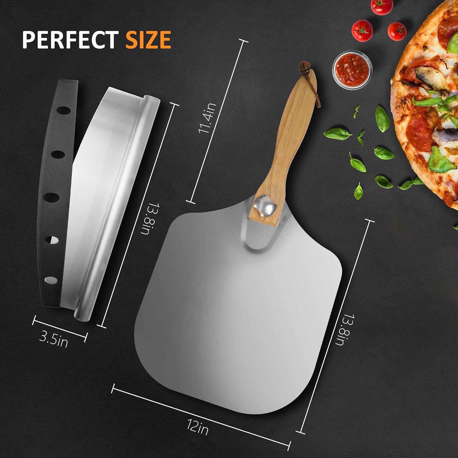 Aluminum Pizza Peel with Cutter, 12 Inch Pizza Paddle Shovel, Metal Turning Peel with 14'' Rocker Cutter, Pizza Oven