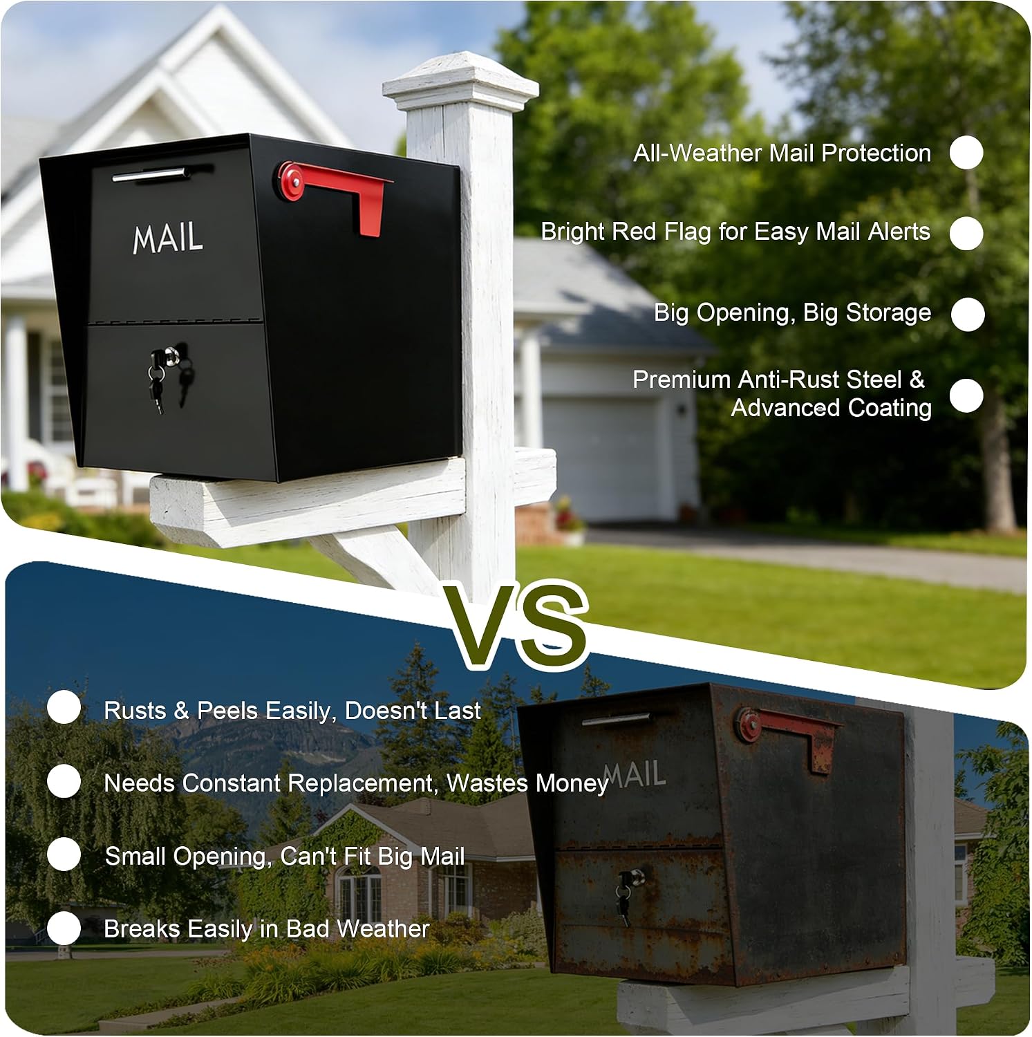 XL Post-Mount Mailbox, Weather Resistant, Large Outdoor Mailboxes, Galvanized Steel Heavy Duty Mailbox, Easy to